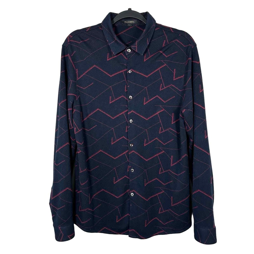 Braun Buffel Large Button Up Shirt Navy Blue Long Sleeve Geo Abstract Wool Mix